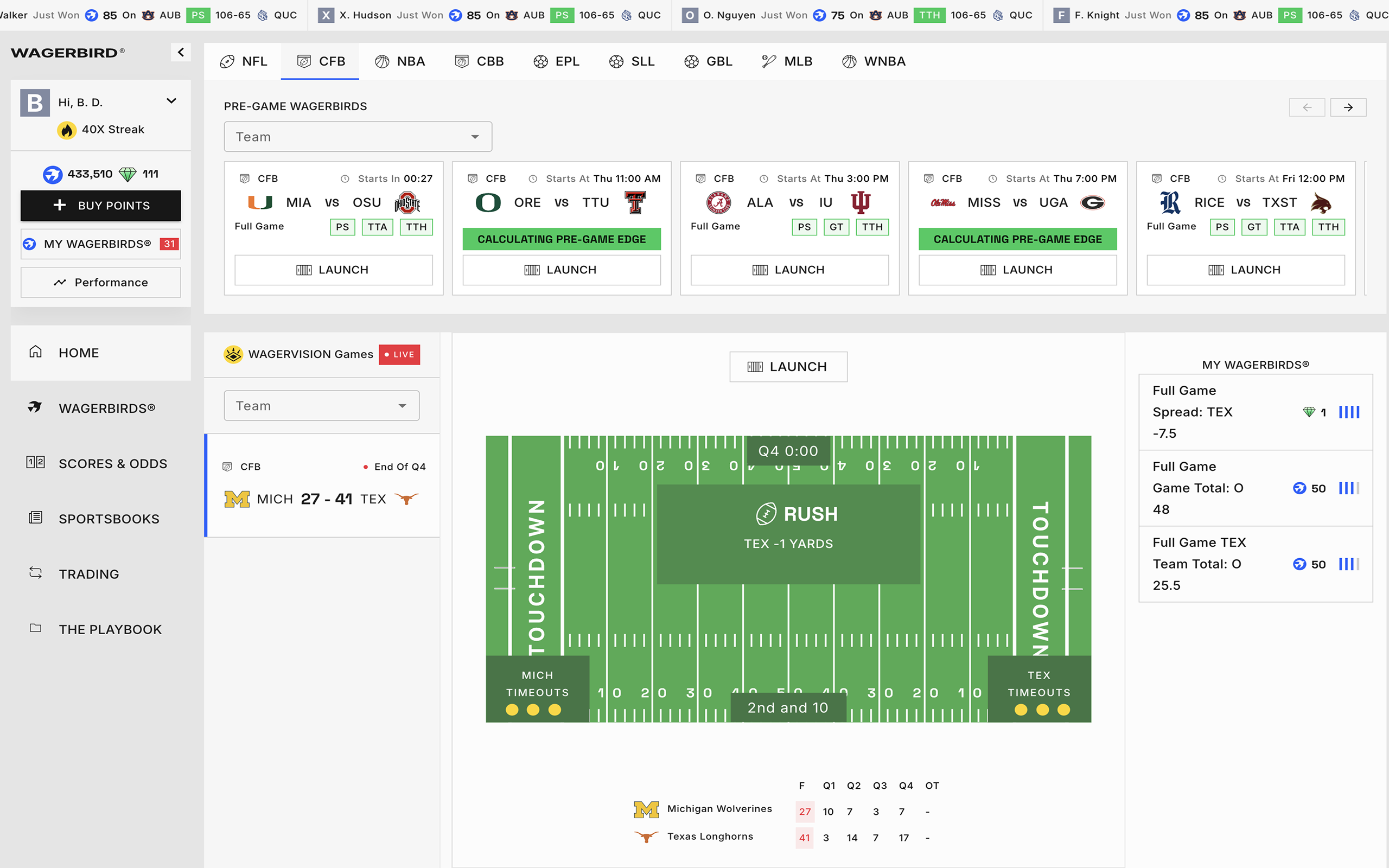 Terminal desktop showing the college football slate.