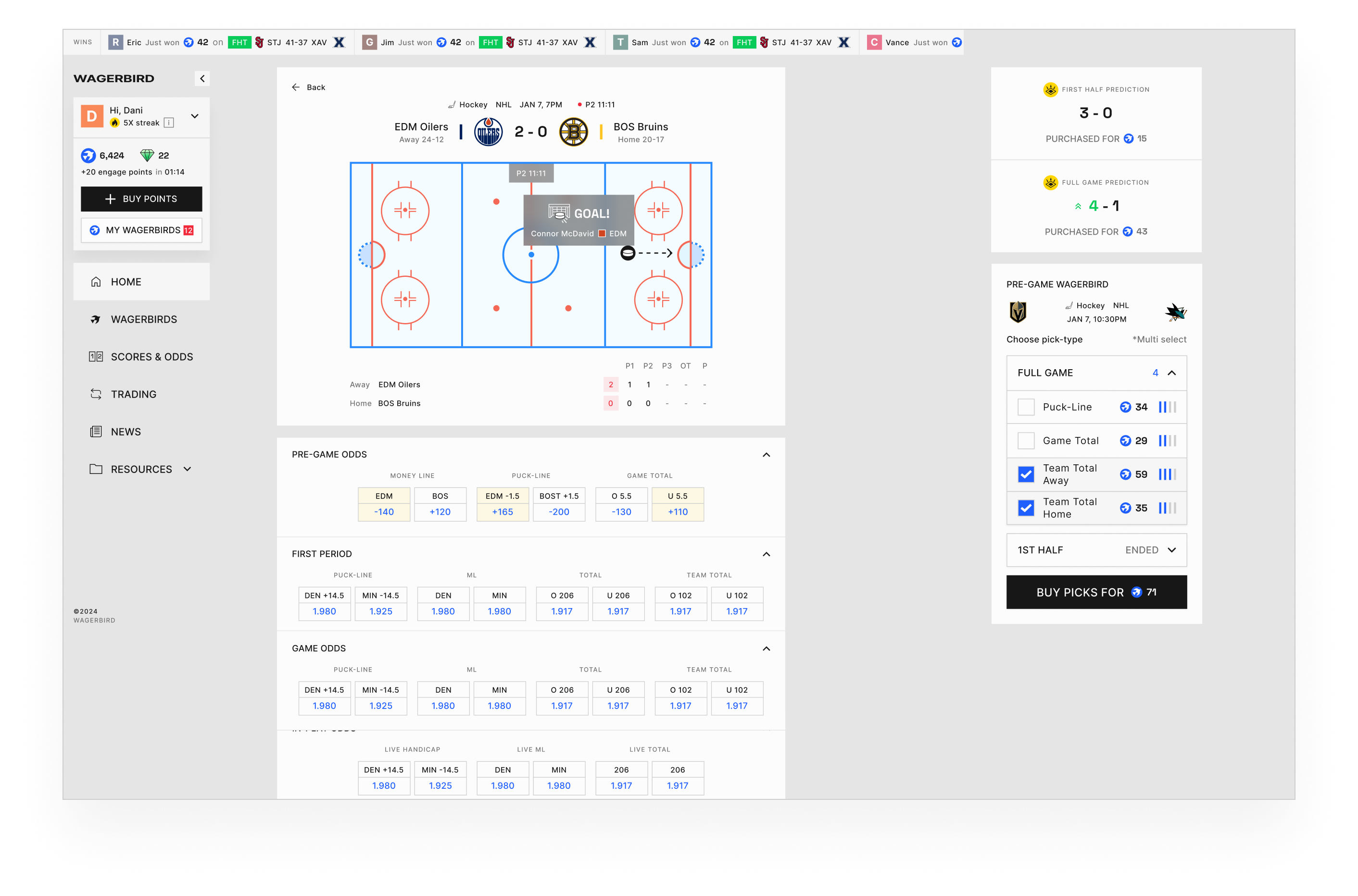 Terminal desktop showing the NHL slate.