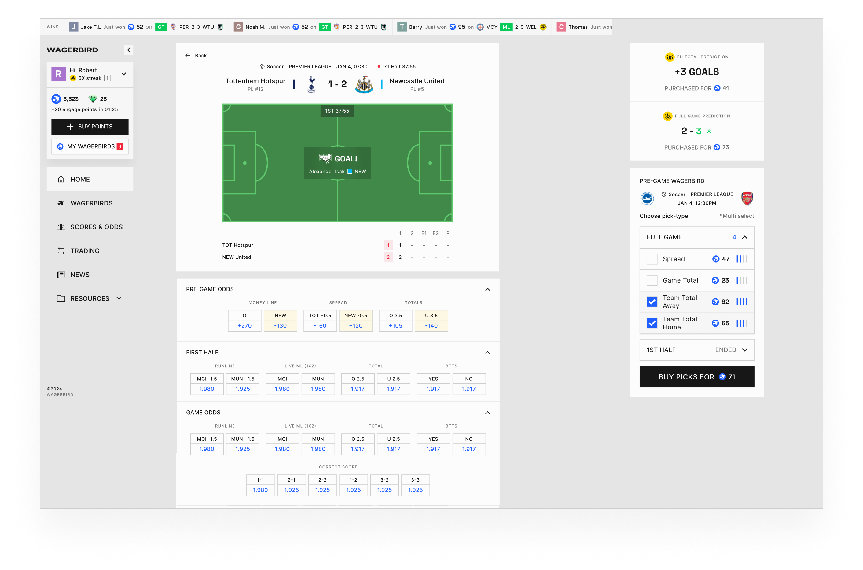 Terminal desktop showing soccer coverage including European fixtures.