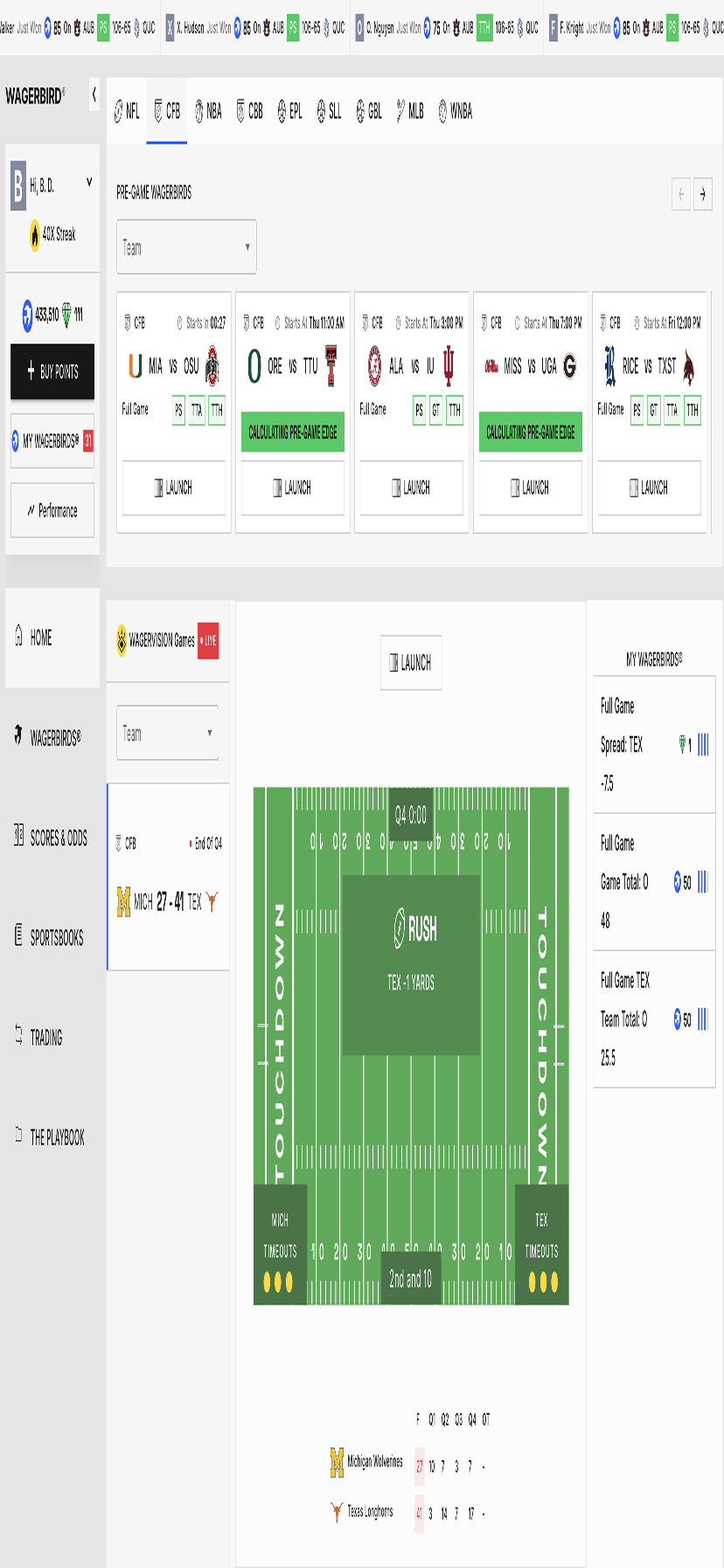 Terminal mobile showing the college football slate.