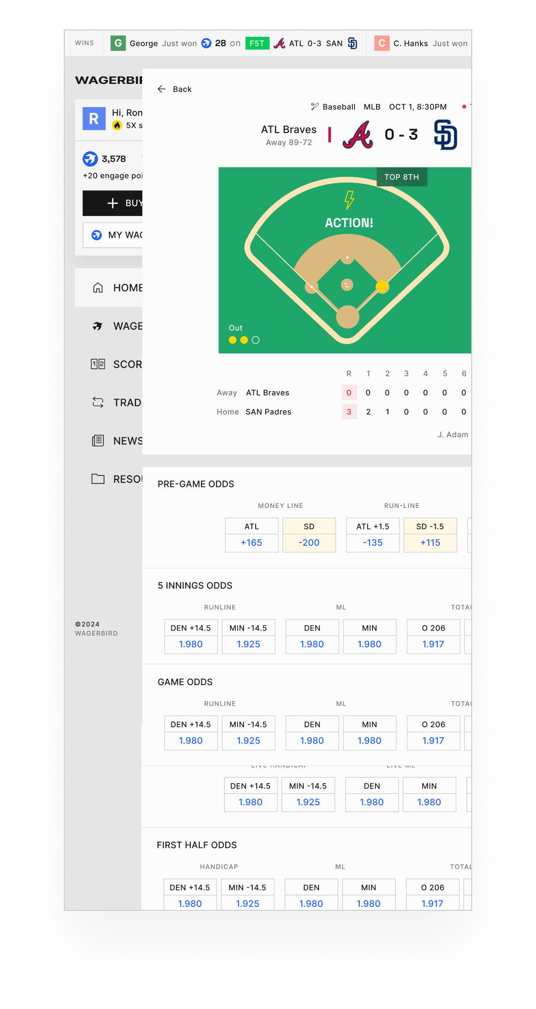 Terminal mobile showing the MLB slate for tonight.