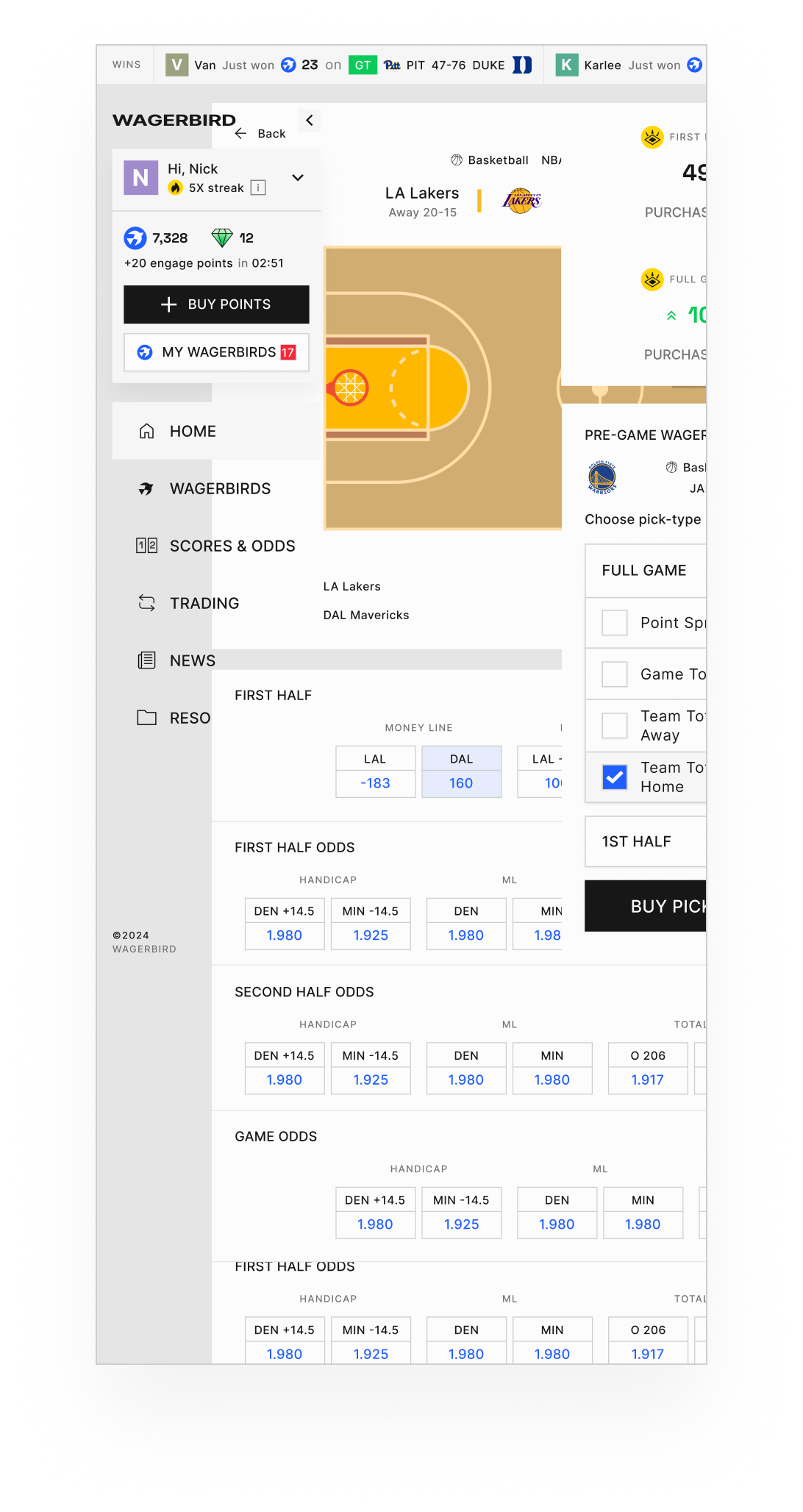 Terminal mobile showing the NBA slate.