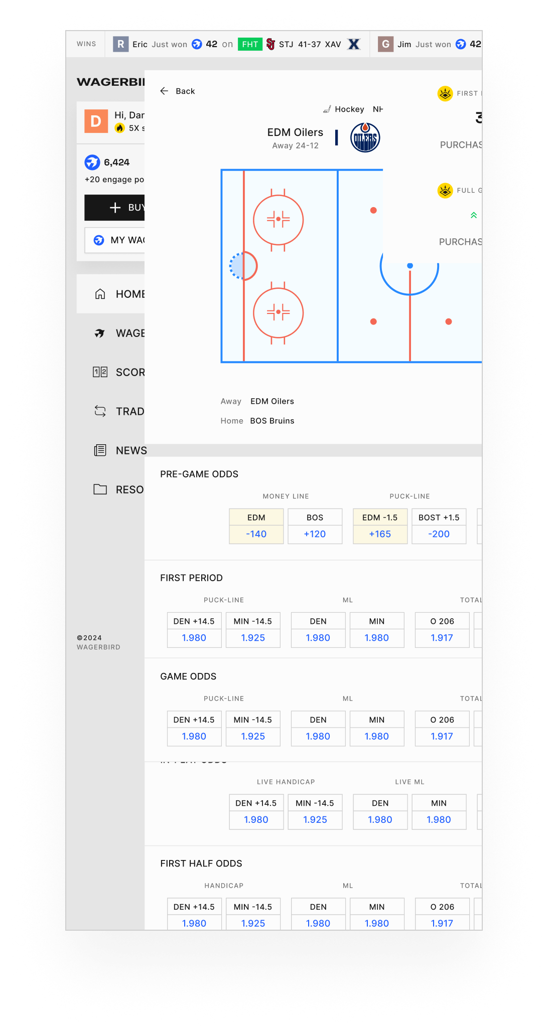 Terminal mobile showing the NHL slate.