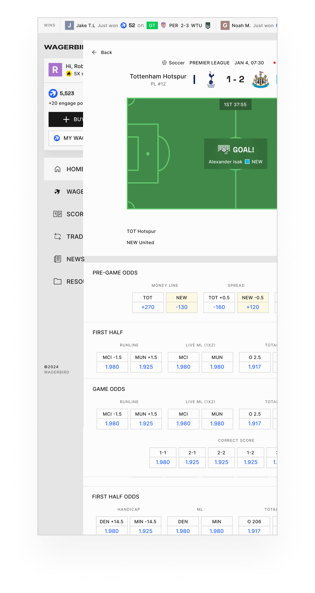 Terminal mobile showing soccer coverage including European fixtures.