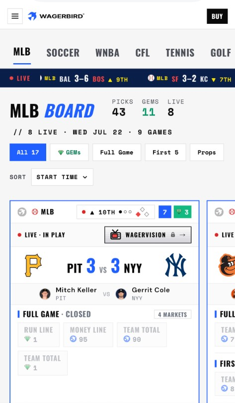 The WagerBird Terminal MLB board on phone